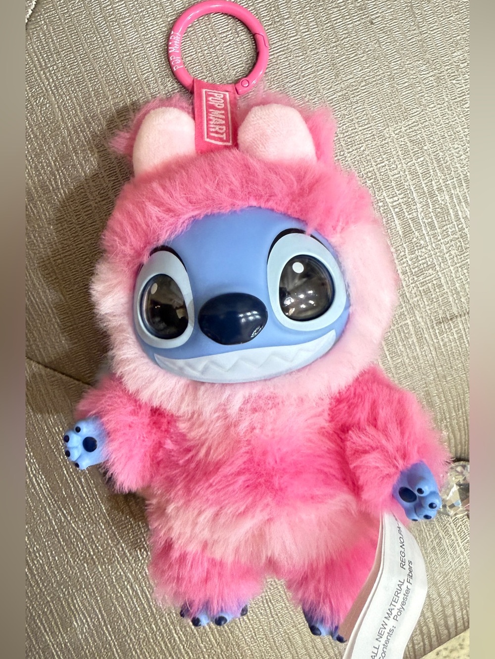 PopMart Pink Plush Stitch Keychain - Cute Furry Kids Toy